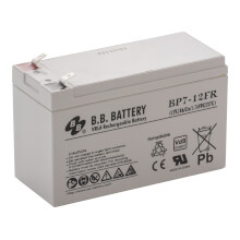 12V 7Ah Akku, AGM Bleiakku, B.B. Battery BP7-12FR, VdS, schwer entflammbar, ersetzt u. a. Panasonic LC-V127R2PG1